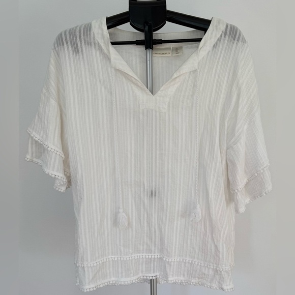 Cynthia Rowley Tops - Cynthia Rowley White Sheer Striped Pom-Pom Trim Top | Size Large | Chic & Breezy